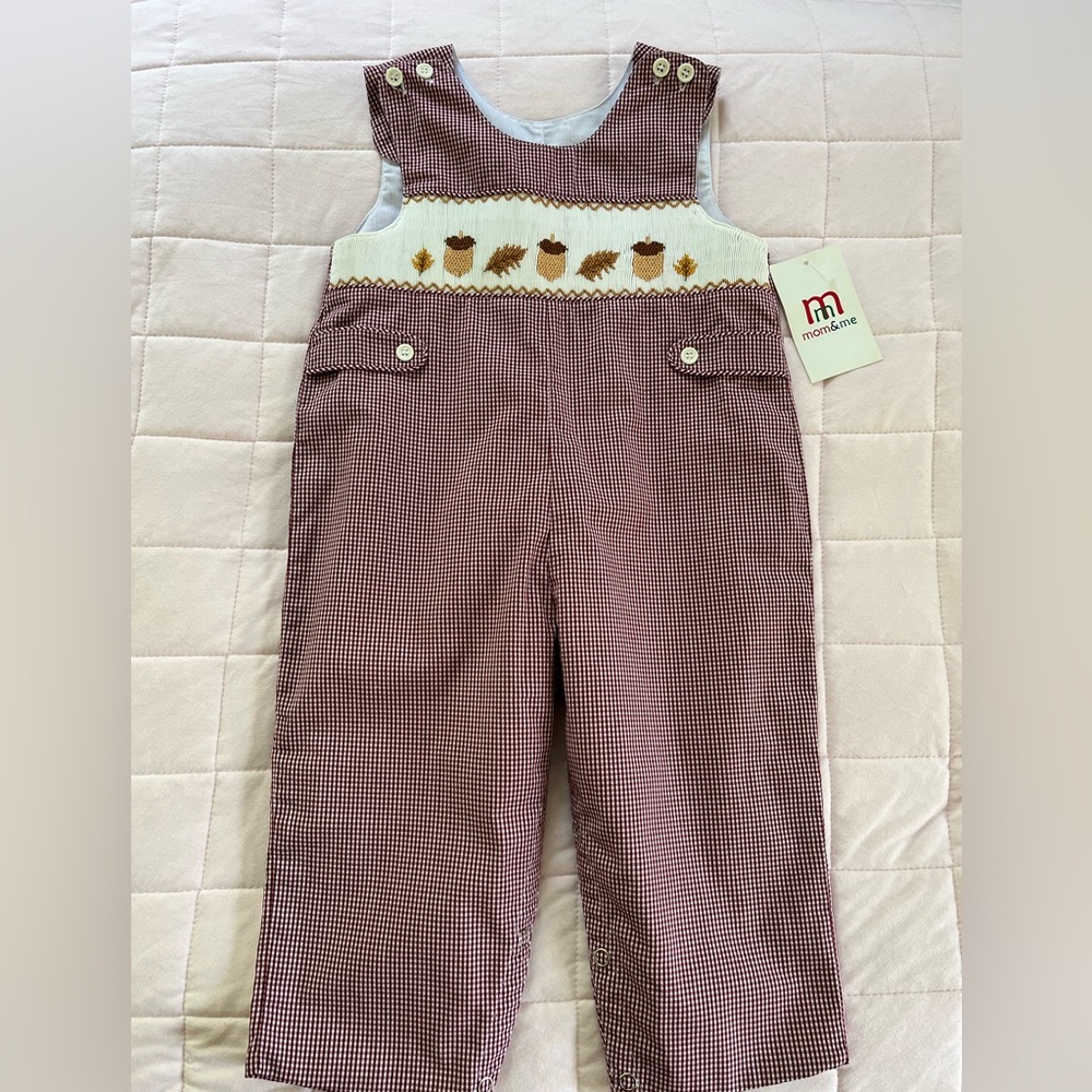 NEW Fall Leaves Red Check Smocked Acorn Longall Jon Jon Size 24 months